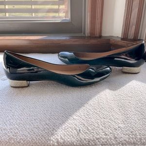 J. Crew Patent Black ballet flats with gold chunky heel